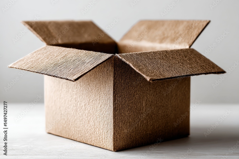 Poster cardboard box with open flaps on a wooden surface in a bright setting