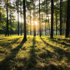 Sunlit Forest Trees and Shadows in Golden Light , Forest, Nature
