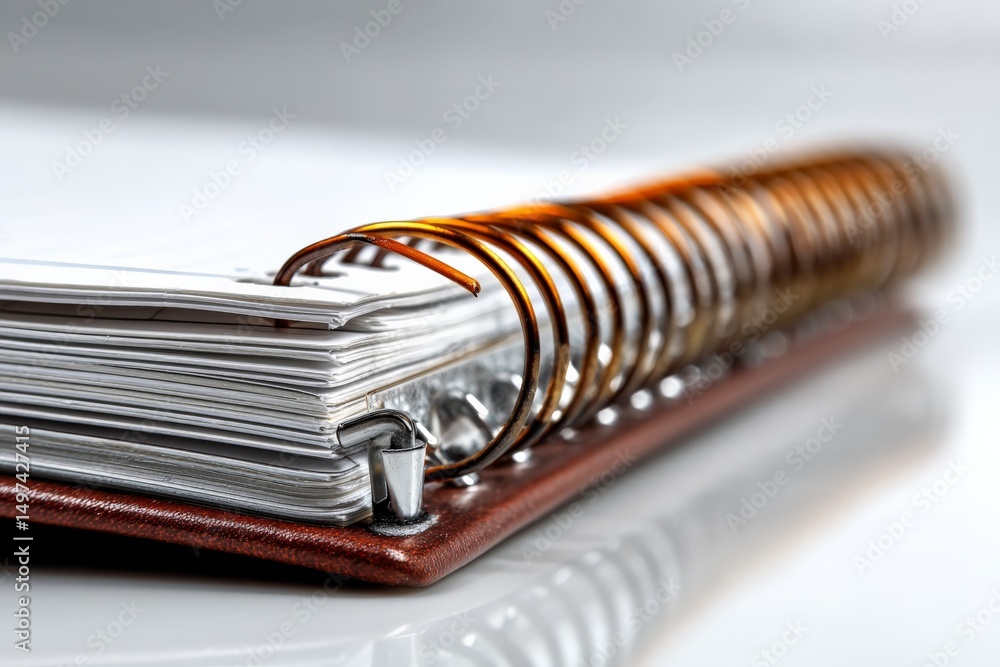 Poster note-taking spiral bound notebook with visible pages on white background during desk organization se
