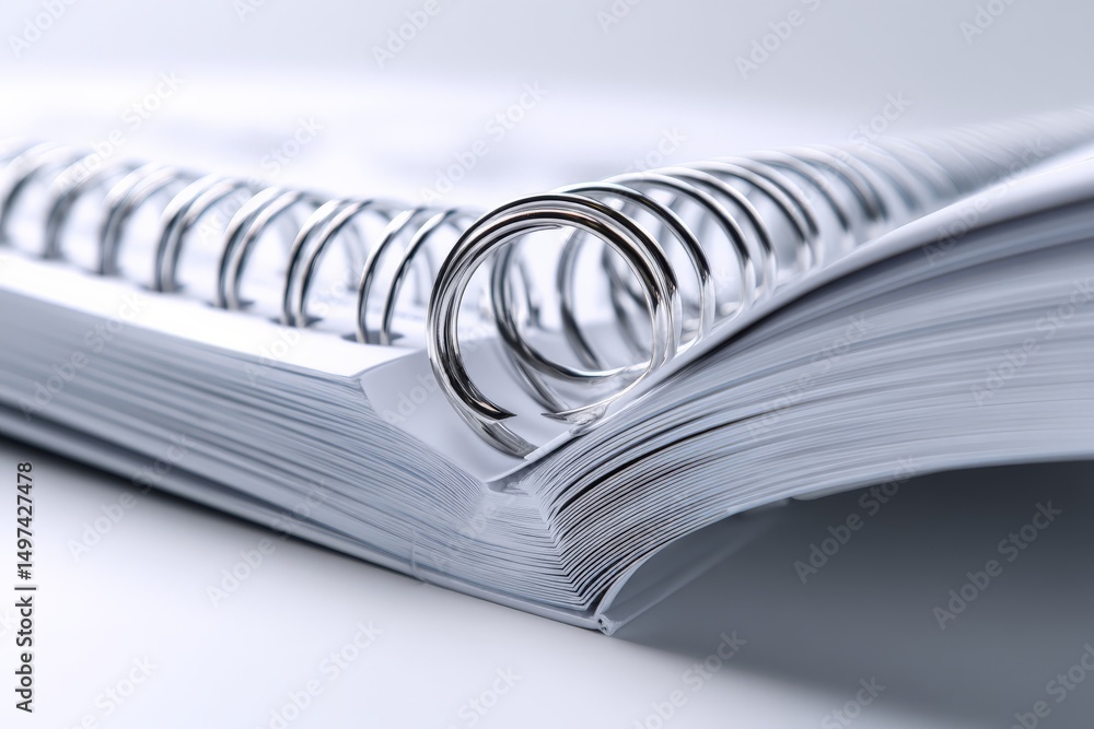 Poster metallic spiral binding holds sheets of white paper together on a clean surface for organizing docum