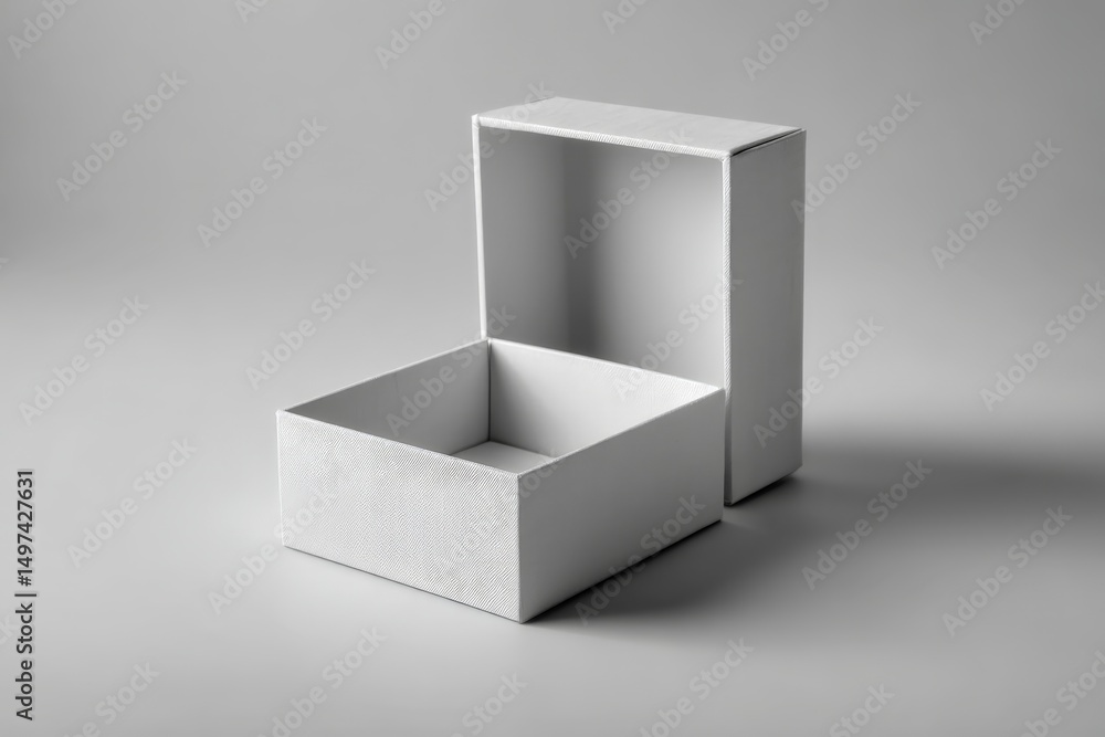 Poster white square box with lid open on gray surface showcasing minimalist design and clean lines, perfect