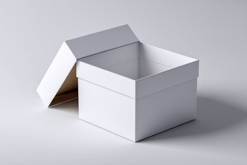 Fototapeta premium Empty white box with an open lid positioned on a neutral background showcases minimalist design principles and versatile storage options