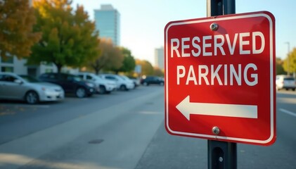 Reserved parking sign on a post in an asphalt parking lot , town, signage, indicator