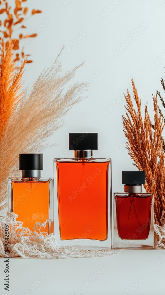 Poster elegant display of three perfume bottles surrounded by dried grass and decorative elements