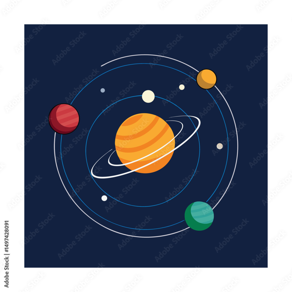 Poster flat illustration of a stylized solar system with orbiting planets and space elements.