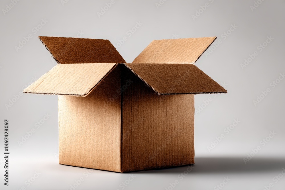Poster cardboard box with flaps open resting on a smooth surface in a neutral setting during daylight