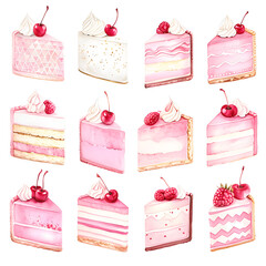 Watercolor Pink Cake Slice Collection with Cherries and Whipped Cream

