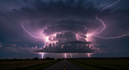 Lightning Storm Over Rural Road with Dark Clouds