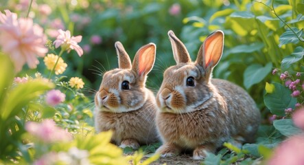 Obraz premium Two Adorable Bunnies in a Blooming Garden, A Delightful Springtime Portrait.