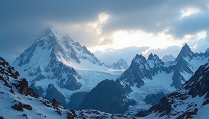 Dramatic snow-capped mountain range pierces through cloudy skies, bathed in ethereal soft light.