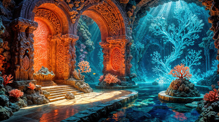 Fototapeta premium Fantasy Underwater Temple with Glowing Coral and Sunlight Beams 