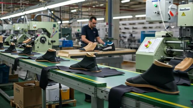 Shoe manufacturing process on an assembly line in a factory