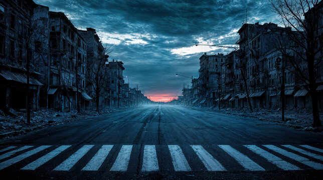 Abandoned City Street at Twilight with Destroyed Buildings and Dramatic Sky

