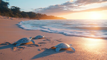 Obraz premium Turtles on a beach at sunrise