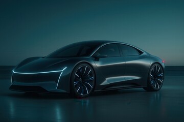 Futuristic autonomous electric car charging at night with glowing headlights and rims