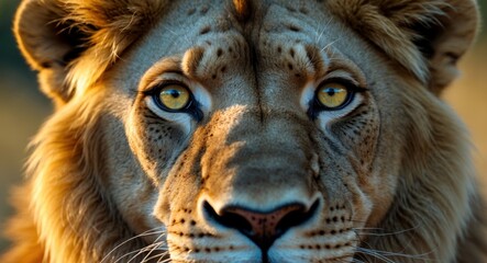 Intense Lion Portrait. Majestic Feline with Golden Eyes and Powerful Gaze.