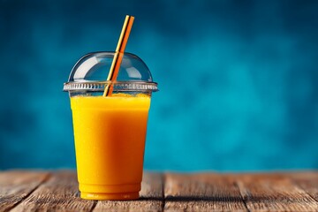 Refreshing orange smoothie served in clear cup with a straw on wooden table against blue background
