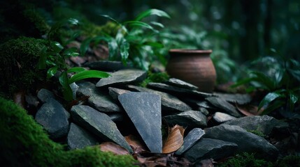 Ancient Stone Artifact Amidst Lush Green Forest Foliage A Mysterious Clay Pot Sits Nearby