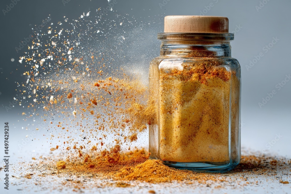 Poster container spilling yellow spice creates a dynamic culinary display on a smooth surface