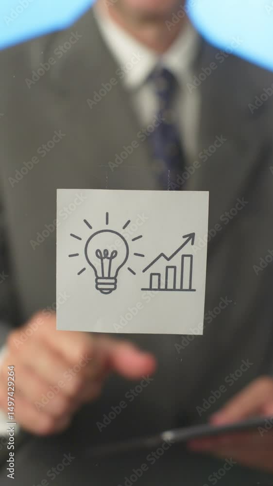 Poster businessman using tablet and applying sticky note with growth chart and light bulb icon on transpare