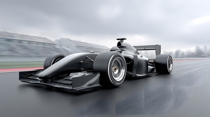 Motor sports competitive team racing, fast moving generic race car racing down the track with motion blur, 3d rendering, capturing the raw energy and intensity of the race,