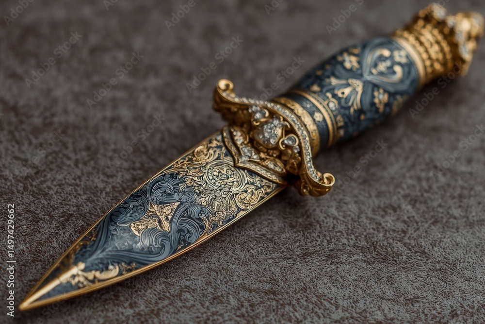 Poster intricately designed ornate dagger with a gold and blue handle on a textured surface