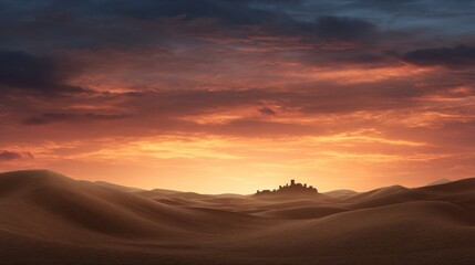 Obraz premium Majestic Desert Sunset Landscape with Distant City Silhouette at Golden Hour
