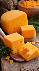 Freshly cut cheese displayed on a rustic wooden board with herbs and small pieces