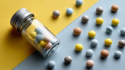 A glass bottle lies on its side, partially filled with colorful pills. Various shades of pills are scattered across a vibrant yellow and blue background, creating an eye-catching display.