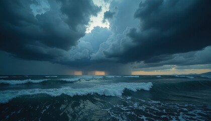 Obraz premium Dramatic seascape under stormy clouds with rain falling in the distance over a turbulent ocean.