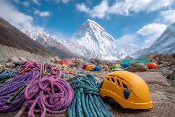 Climbing gear including colorful ropes and a bright helmet is arranged on rocky terrain with majestic snow-capped peaks in the background, symbolizing adventure and exploration
