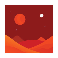 Minimalist landscape illustration of mars with orange sun and abstract rolling hills