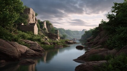 Serene River Valley Landscape Ancient Stone Structure near Lush Foliage and Rocky Banks