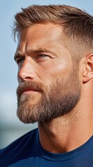 Obraz premium Handsome man with stylish beard and short haircut outdoors in bright natural light