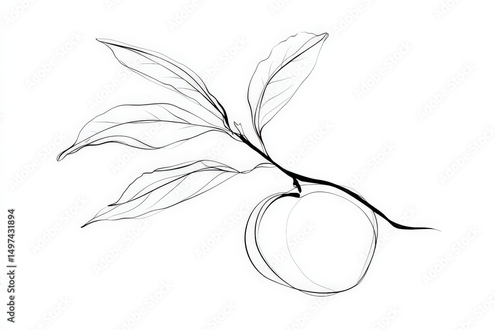 Poster simple line drawing of a peach on a branch with leaves showcasing a minimalist design