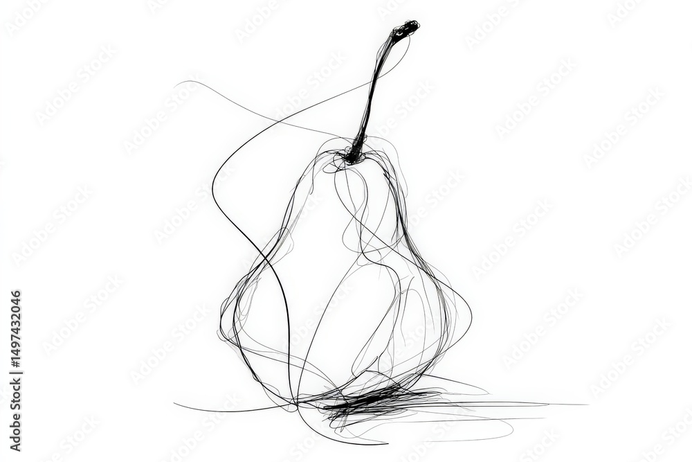 Poster abstract sketch of a pear created using flowing line art on a white background, showcasing minimalis