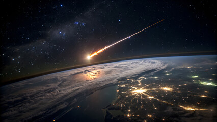 A bright meteor streaks through Earth's atmosphere above city lights and a cloud-covered landscape, viewed from space.