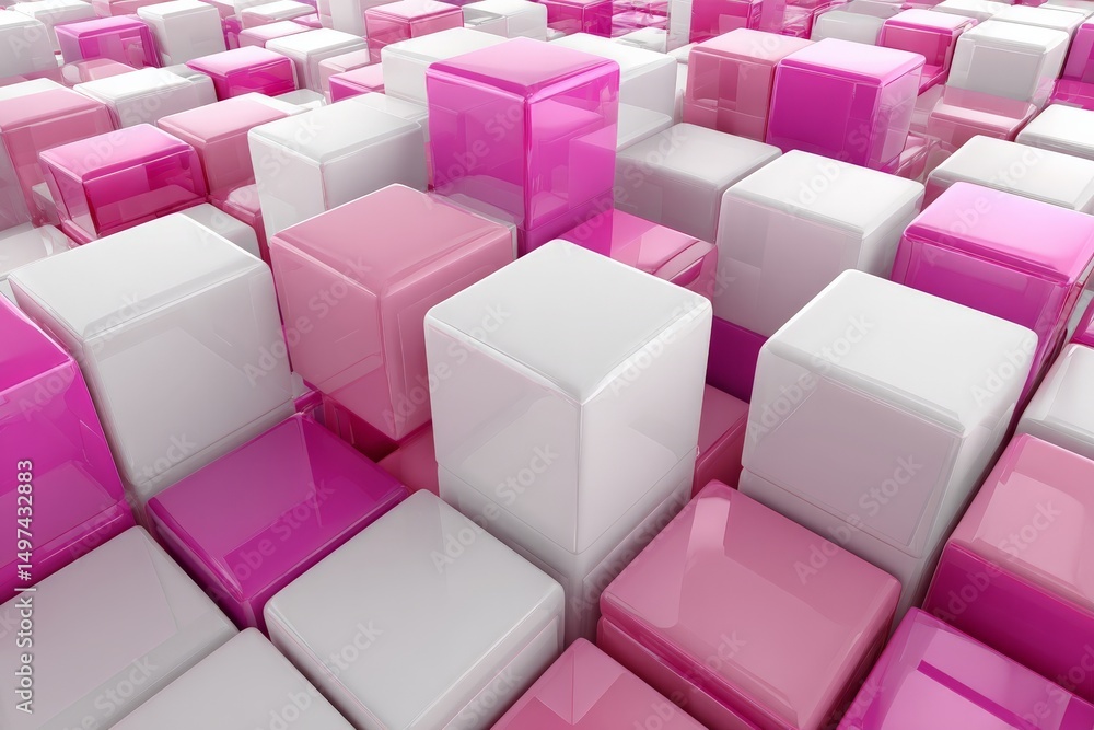 Poster colorful arrangement of transparent blocks in shades of pink and white, creating a dynamic visual ef