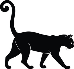 black cat silhouette in a walking pose with an elegant curled tail.  This vector-style feline graphic is perfect for Halloween designs, Ideal for use in both digital and print creative projects