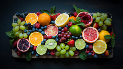 Artistic Fruit Display on Rustic Board with Dramatic Black Background.