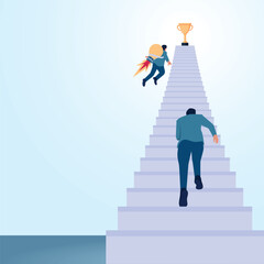 A man is heading towards the top of an idea with a rocket. A metaphorical illustration for shortcuts, strategies and the fastest way.