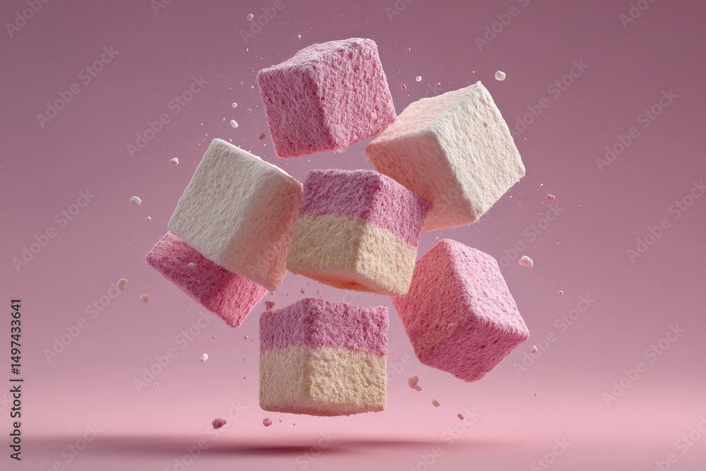 Poster colorful marshmallows floating against a soft pink background create a playful and appetizing visual