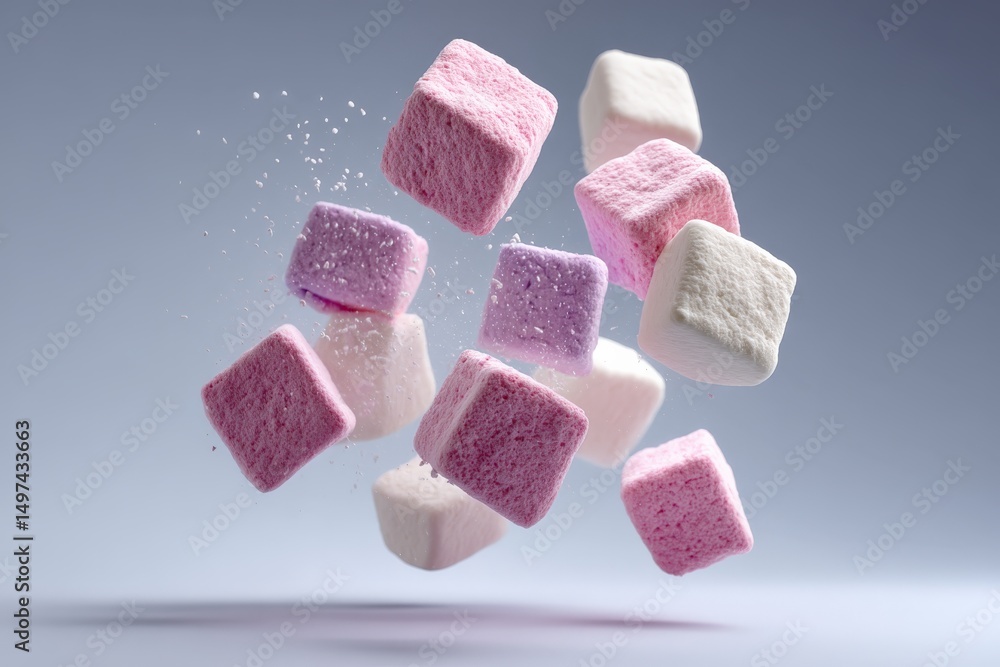Poster colorful marshmallow cubes floating in mid-air create an artistic and playful display