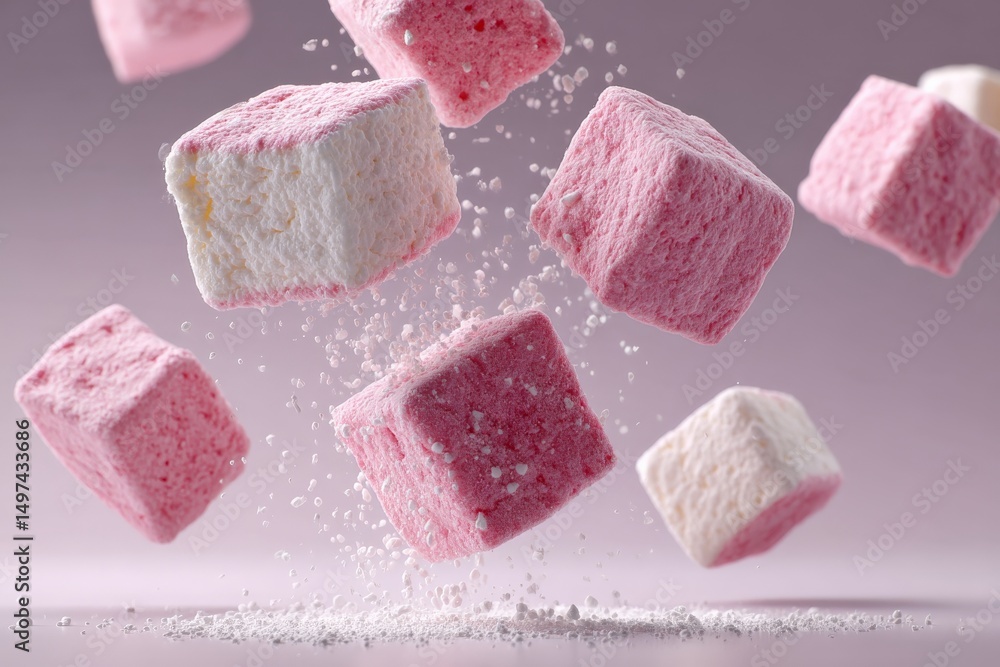 Poster colorful marshmallows floating in air with a sprinkle of sugar beneath them create an enticing desse