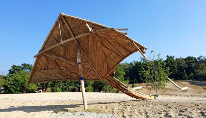 Abstract bamboo structure, unusual geometric design under a clear blue sky