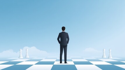 Businessman Strategist Planning Future on a Giant Chessboard Under a Clear Sky