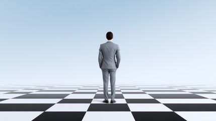 Businessman Standing on a Giant Checkerboard Facing the Future Strategic Planning Concept