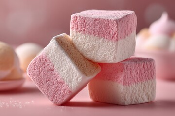 Colorful marshmallows stacked on a pink background with soft lighting for a sweet treat presentation