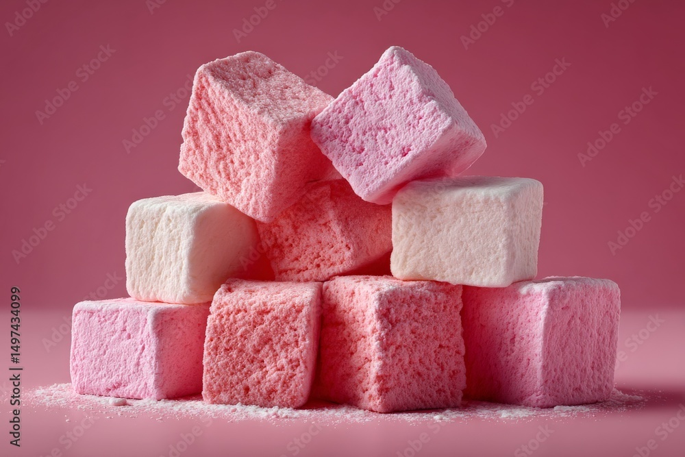 Poster colorful marshmallows stacked in a playful arrangement on a pink background creating a sweet and inv