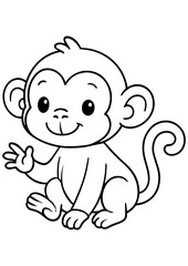 Fototapeta premium Black and white vector of a cute baby monkey. Perfect for engraving, children’s books, logos, prints, and creative illustration projects